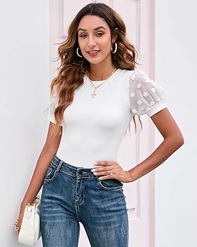 Amazon.com: Women's Swiss Dots Sheer Mesh Sleeve Rib